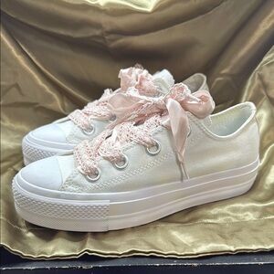 Converse White and Pink Platform Sneakers with Ribbon Laces